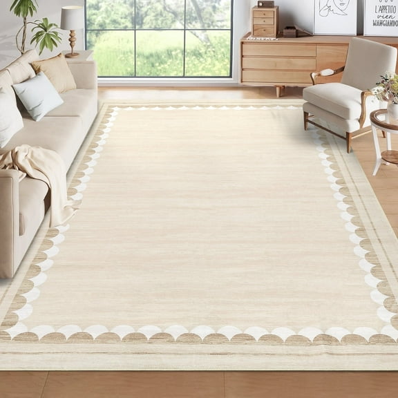 Garvee 8ftx10ft Area Rug Modern Bordered Solid Rug with Non Slip Backing, Washable Rug Contemporary Neutral Minimalist Carpet for Living Room Bedroom Dining Room, Beige