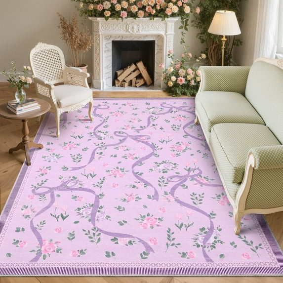 Garvee 8x10 Area Rug Modern Floral Print Rugs for Living Room, Machine Washable Rug Soft Non Slip Indoor Rug Carpet, Low Pile Ultra Thin Farmhouse Rugs for Bedroom Dining Room Home Decor, Purple