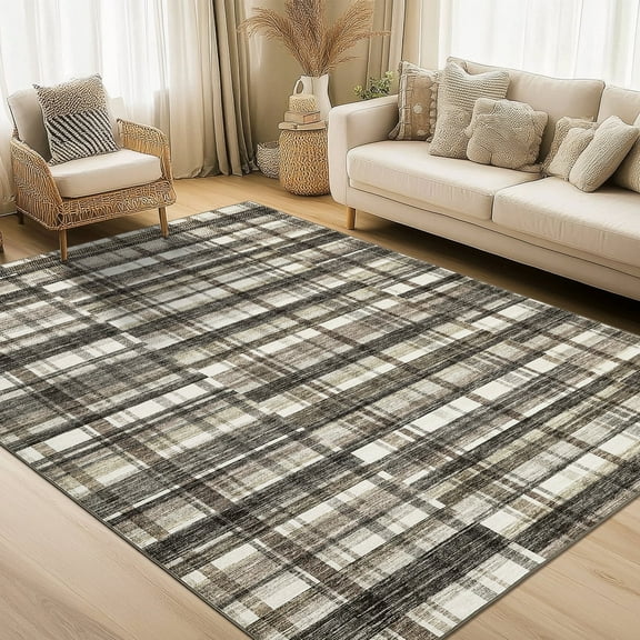 Garvee 8x10 Area Rugs Modern Striped Geometric Rug, Washable Abstract Plaid Rug for Living Room, Non-Slip Backing Stain Resistant Rug Low Pile Floor Carpet for Dining Room Home Office, Brown