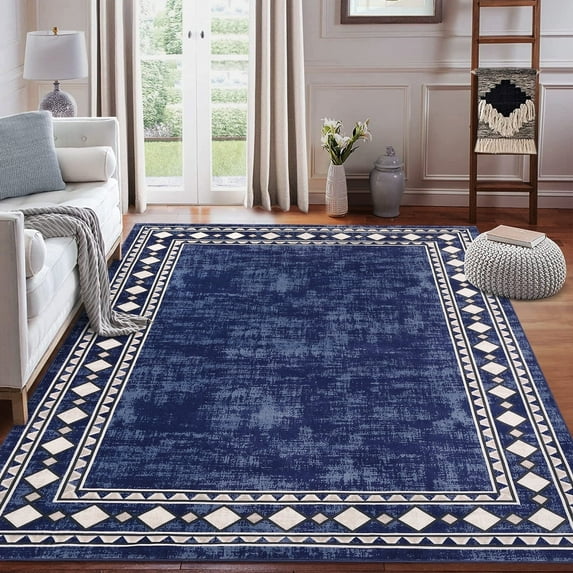 Garvee 8'x10' Geometric Bordered Area Rugs Contemporary Rugs for Living Room, Non-Slip Washable Rugs Soft Throw Rugs Low-Pile Stain Resistant Carpet for Bedroom Dining Room Farmhouse, Blue