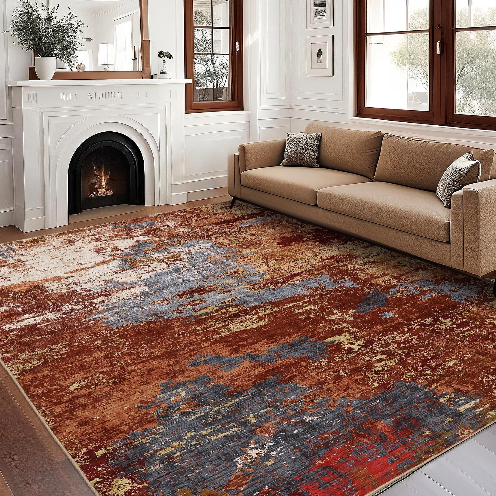 Garvee 8x10 Large Abstract Area Rugs Living Room Rug, Modern Washable Non-Slip Rugs Print Accent Carpet Stain-Resistant Low Pile Rug for Bedroom Dining Room Office Farmhouse, Red