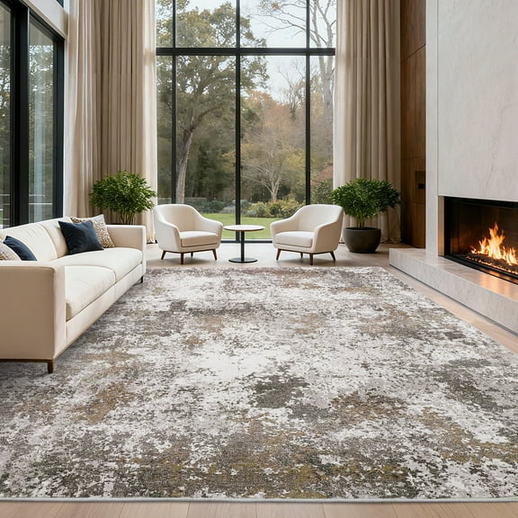 Garvee 8x10 Modern Abstract Area Rug Living Room Rug, Washable Rug with Non Slip TPR Backing Low Pile Soft Thin Indoor Carpet for Bedroom Home Office, Brown