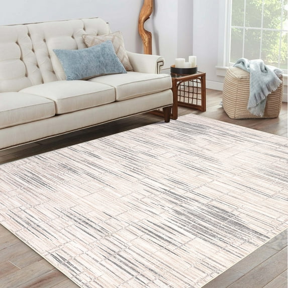 Garvee 8x10 Modern Abstract Area Rug Striped Print Carpet, Machine Washable Rug with Non-Slip Backing Stain-Resistant Soft Rugs Low-Pile Floor Cover for Living Room Bedroom Home Office, Brown