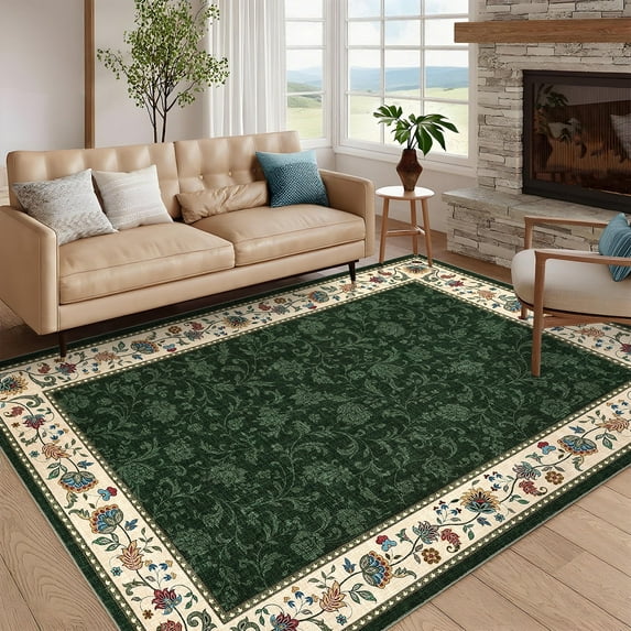 Garvee 8x10 Modern Bordered Area Rugs Floral Print Rug, Ultra-Soft Low Pile Non Slip Carpet Washable Stain Resistant Rug for Living Room Bedroom Home Office, Green