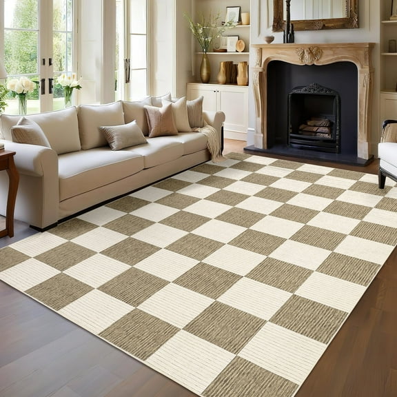 Garvee 8x10 Modern Checkered Area Rug Washable Rugs, Soft Non Slip Non Shedding Carpet Indoor Printed Accent Rug for Living Room Bedroom Home Decor,Beige and Camel
