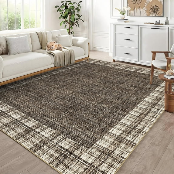 Garvee 8x10 Modern Plaid Area Rug Bordered Washable Rugs, Non-Slip Soft Floor Carpet Low Pile Indoor Foldable Printed Accent Rug for Living Room Bedroom Office, Brown