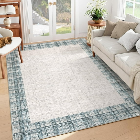 Garvee 8'x10' Plaid Area Rug, Washable Rugs Non-Slip Soft Boedered Carpet Low Pile Indoor Accent Rug for Living Room Bedroom Home Office, Blue