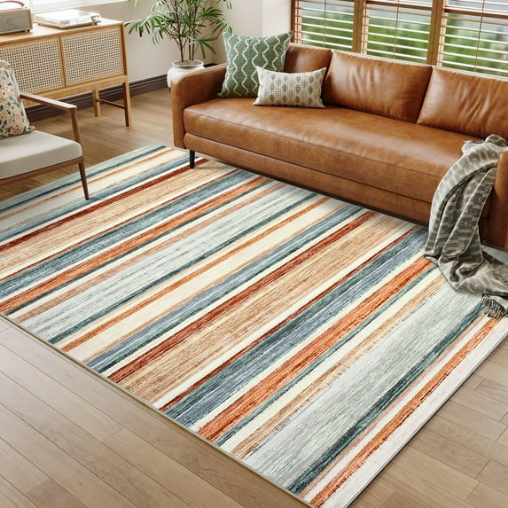 Garvee 8x10 Modern Striped Area Rug Machine Washable Rug for Living Room, Non-Slip Soft Low Pile Indoor Rugs Stain-Resistant Carpet for Bedroom Dining Room Home Decor, Green and Camel