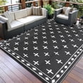 thumbnail image 1 of 8x10 Outdoor Rug, Reversible Waterproof Plastic Straw Patio Mat with Geometric Border Design, Camping & RV Floor Rug for Deck, Balcony, Backyard, Beach and Picnic,Black White, 1 of 10