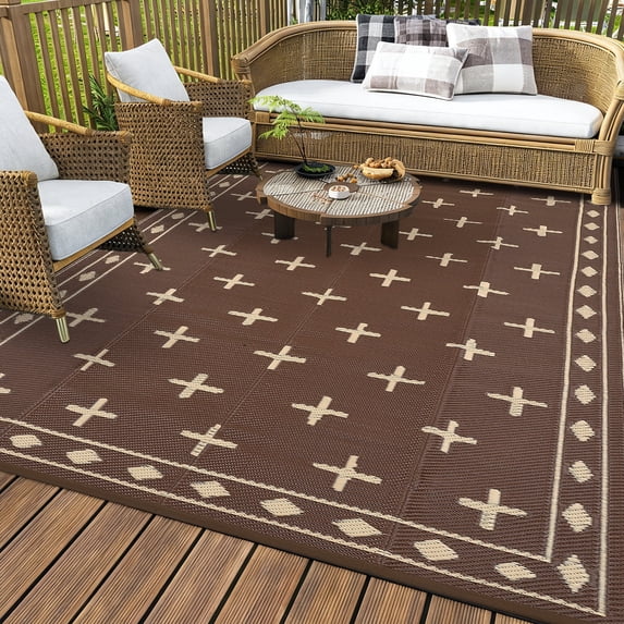 8x10 Outdoor Rug, Reversible Waterproof Plastic Straw Patio Mat with Geometric Border Design, Camping & RV Floor Rug for Deck, Balcony, Backyard, Beach and Picnic,Brown Coffee
