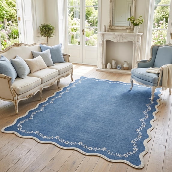 Garvee 8x10 Scalloped Area Rugs Floral Print Rug with Non Slip Backing, Washable Indoor Carpet for Living Room Bedroom Home Office, Light Blue