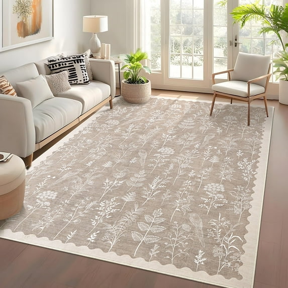 Garvee 8x10 Modern Floral Area Rugs Living Room Rug, Washable Botanical Printed Rug Low Pile Non-Slip Foldable Indoor Rug Carpet for Bedroom Farmhouse Dining Room, Light Brown