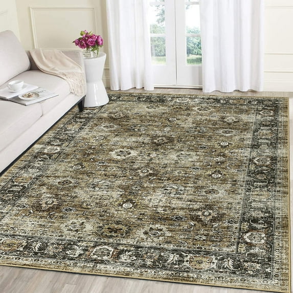 Garvee 8x10 Vintage Area Rugs Washable Rug for Living Room, Non Slip Non Shedding Soft Indoor Carpet, Retro Oriental Floral Print Rugs for Bedroom Home Office, Brown