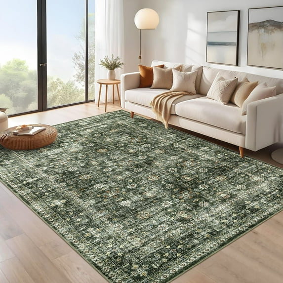 Garvee 8x10 Vintage Large Area Rug Floral Print Accent Carpet, Washable Non-Slip Rugs Oriental Rug Traditional Low Pile Rug for Living Room Bedroom Dining Room Office, Dark Green