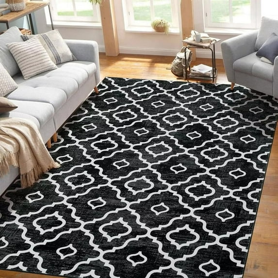 Garvee 8x10 Washable Moroccan Rugs for Living Room Trellis Geometric Rug Farmhouse Non-Slip Low Pile Stain Resistant Carpet, Black