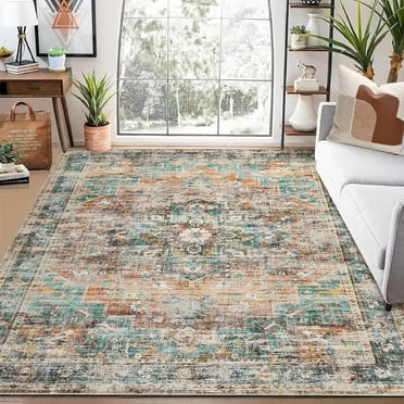 Garvee 8x10 Washable Rugs Boho Tribal Rug Vintage Persian Distressed Area Rug Floral Print Floor Carpet Oriental Carpet for Dining Room Home Office, Green/Brown