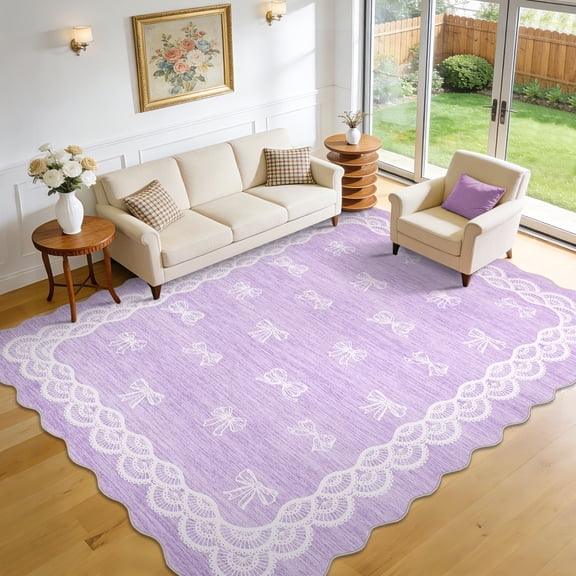 Garvee 8x10 Wave Border Area Rug Coquette Bow Pattern Carpet, Machine Washable Low Pile Rug with Non-Slip Backing for Living Room Bedroom Home Office, Purple