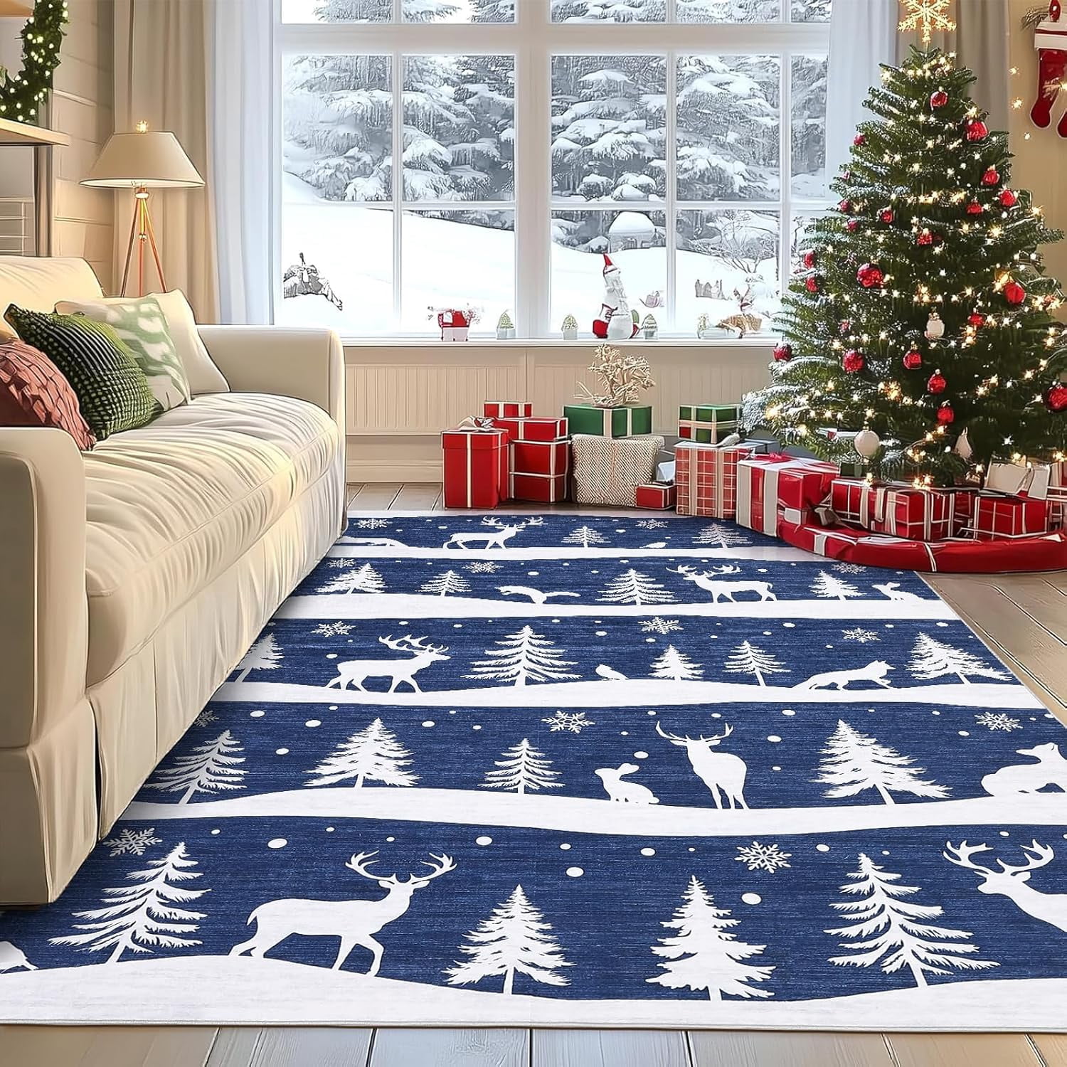 Garvee 8x10 ft Christmas Rug, Washable Non Slip Low Pile Carpet, Xmas Tree Reindeer Snowflake Indoor Rug for Entryway, Kitchen, Living Room, Blue