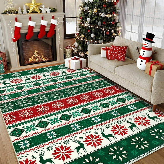 Garvee 8x10ft Christmas Area Rugs Washable Xmas Decoration Carpet, Cheerful Reindeer Print Pattern Soft Carpet, Non Slip Low Pile Indoor Mats for Living Room Bedroom Office, Green