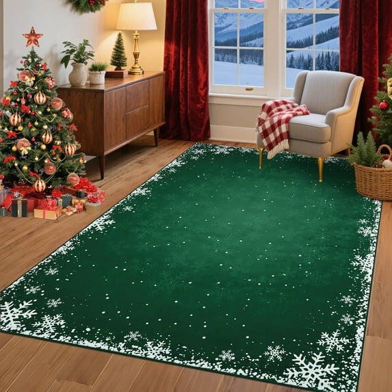 Garvee 8x10ft Christmas Area Rugs Washable Xmas Decoration Carpet, Non Slip Snowflake Winter Holiday Accent Rug for Living Room Bedroom Dining Room, Green
