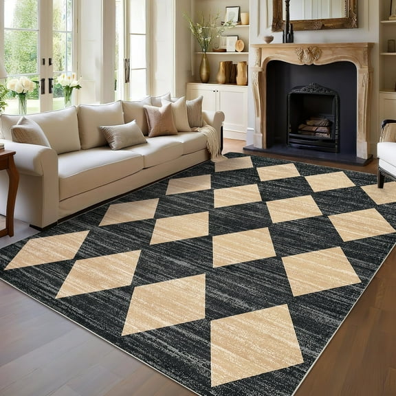 Garvee 8x10ft Geometric Diamond Area Rug, Machine Washable Rug Stain Resistant Indoor Carpet With Non-Slip Backing, Soft Low Pile Rug for Living Room Bedroom Home Office, Black Camel