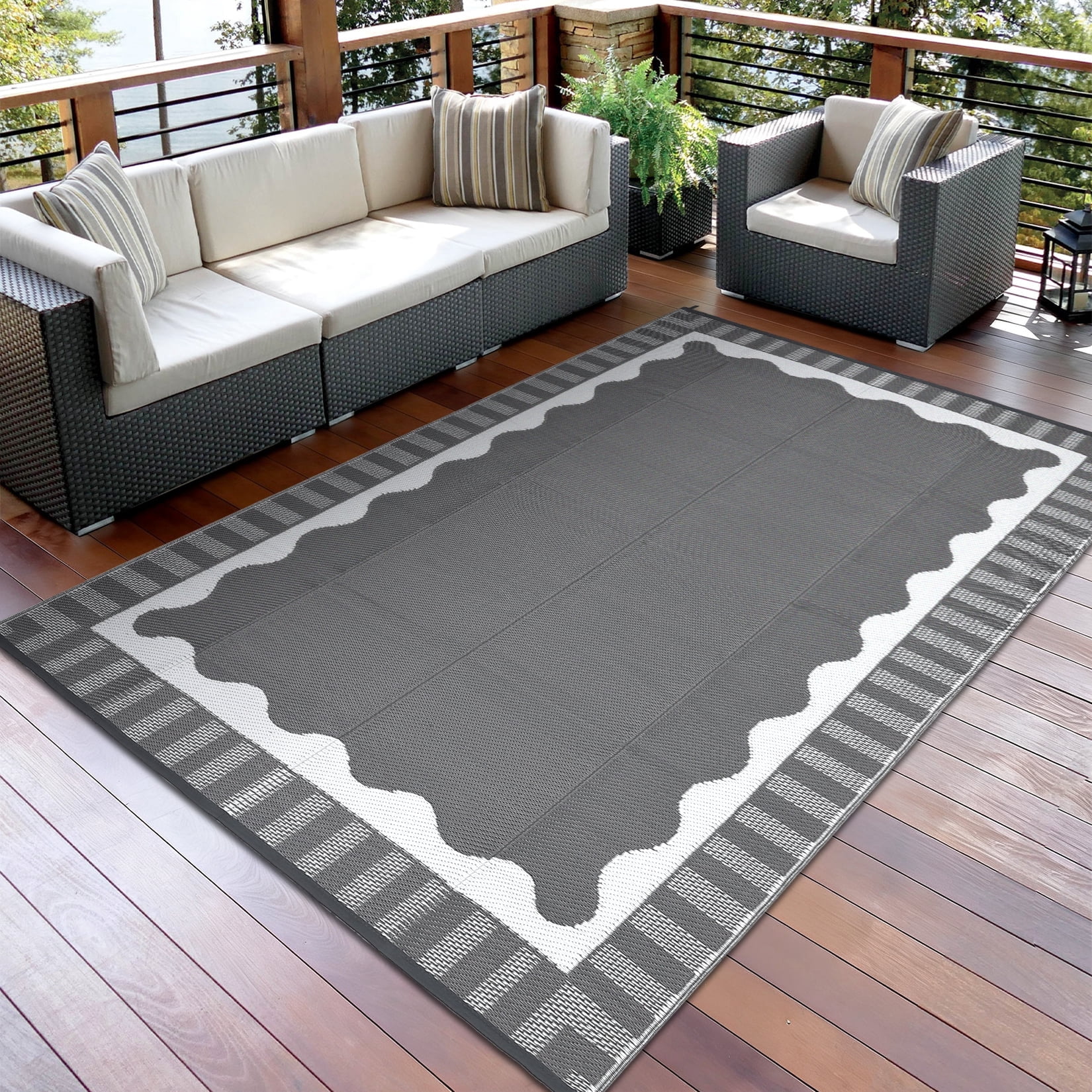 Garvee 8x10ft Outdoor Rug Modern Simple Reversible Area Rug, Plastic Straw Rug Waterproof Outdoor Carpet with Bordered Design for Patio Backyard Camping Beach RV Porch, Gray