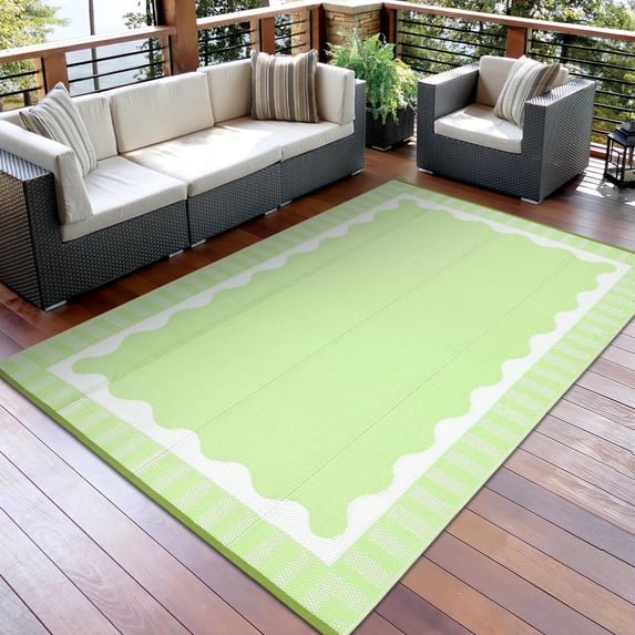 Garvee 8x10ft Outdoor Rug Modern Simple Reversible Area Rug, Plastic Straw Rug Waterproof Outdoor Carpet with Bordered Design for Patio Backyard Camping Beach RV Porch, Light Green