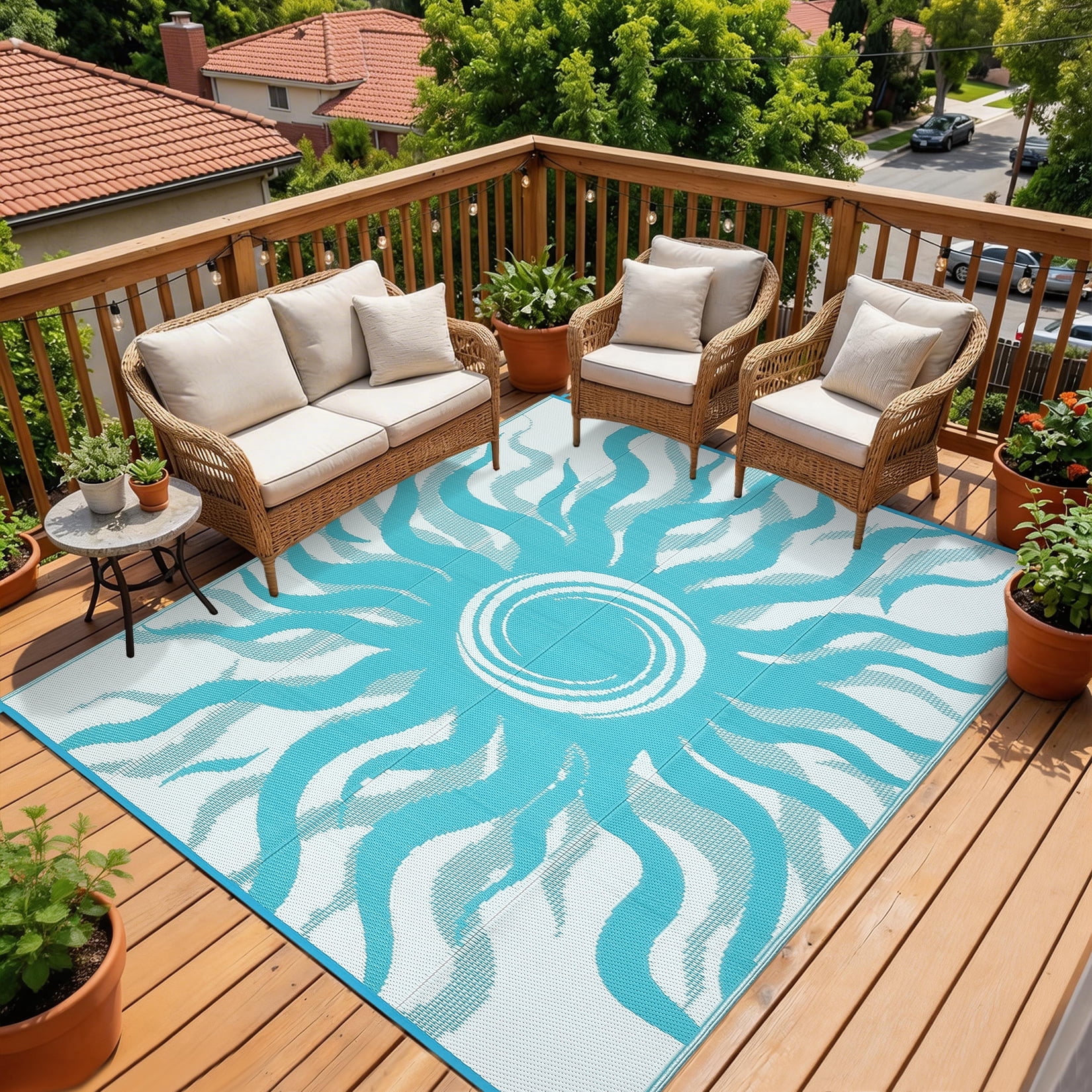 Garvee 8x10ft Outdoor Rug Waterproof Reversible Plastic Straw Rug, Modern Boho Sun Pattern Rug, Large RV Camping Mat Portable Outdoor Carpet for Patio, Balcony, Picnic, Beach, Deck, Light Blue