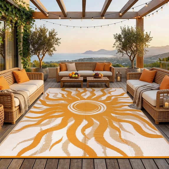 Garvee 8x10ft Outdoor Rug Waterproof Reversible Plastic Straw Rug, Modern Boho Sun Pattern Rug, Large RV Camping Mat Portable Outdoor Carpet for Patio, Balcony, Picnic, Beach, Deck, Orange