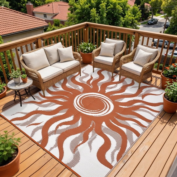 Garvee 8x10ft Outdoor Rug Waterproof Reversible Plastic Straw Rug, Modern Boho Sun Pattern Rug, Large RV Camping Mat Portable Outdoor Carpet for Patio, Balcony, Picnic, Beach, Deck, Red/White