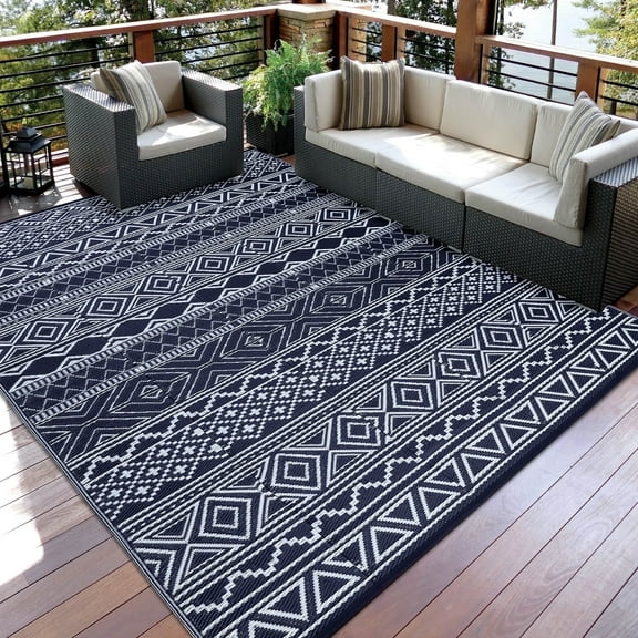 Garvee 8'x10' Plastic Outdoor Rugs, Bohemia Waterproof Straw Rug Reversible Indoor Outdoor Carpet for Patio Deck Porch Backyard Camping Picnic Beach, Dark Blue & White