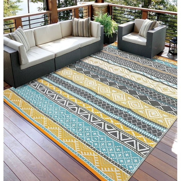 Garvee 8'x10' Plastic Outdoor Rugs, Bohemia Waterproof Straw Rug Reversible Indoor Outdoor Carpet for Patio Deck Porch Backyard Camping Picnic Beach, Four-color