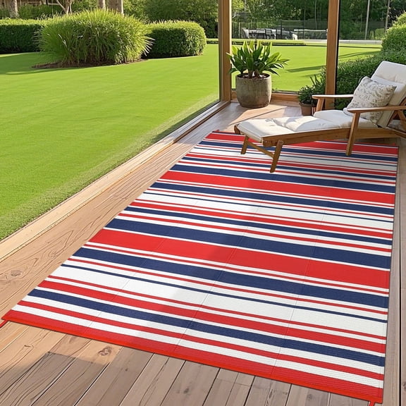 Garvee 8x10ft Waterproof Outdoor Rugs Modern Striped Outdoor Camping Rugs for Patio, Reversible UV-Resistant Plastic Straw Rugs Carpet for Porch, Deck, Backyard, Balcony, Red