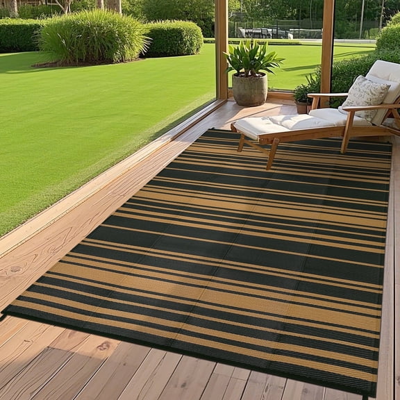 Garvee 8x10ft Waterproof Outdoor Rugs Modern Striped Outdoor Camping Rugs for Patio, Reversible UV-Resistant Plastic Straw Rugs Carpet for Porch, Deck, Backyard, Balcony, Black Brown