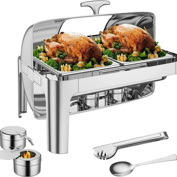 Garvee 9 QT Chafing Dish Set, Roll Top with 2 Half Size Pans, Fuel Holders, Serving Utensils, Silver