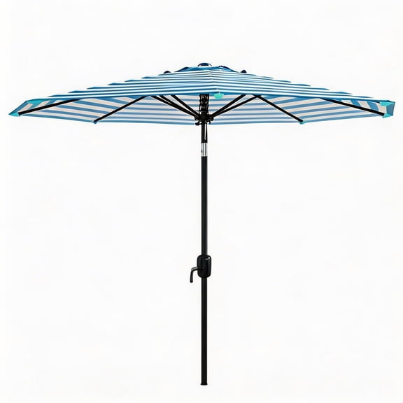Garvee 9 ft Patio Table Umbrella, 8 Ribs, Crank Lift & Push Button Tilt, Blue & White Stripes