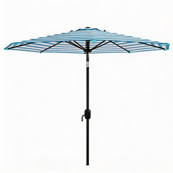 Garvee 9 ft Patio Table Umbrella, 8 Ribs, Crank Lift & Push Button Tilt, Blue & White Stripes