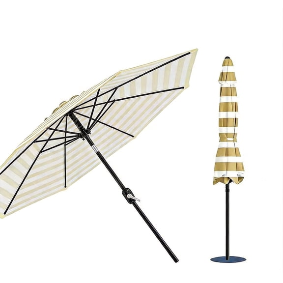 Garvee 9 ft Patio Table Umbrella, 8 Ribs, Crank Lift & Push Button Tilt, Tan & White Stripes