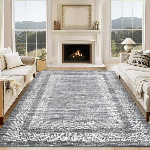 Garvee 9' x 12' Bordered Area Rug Washable Rugs Modern Geometric Rug Indoor Soft Foldable Accent Carpet for Living Room Bedroom, Gray
