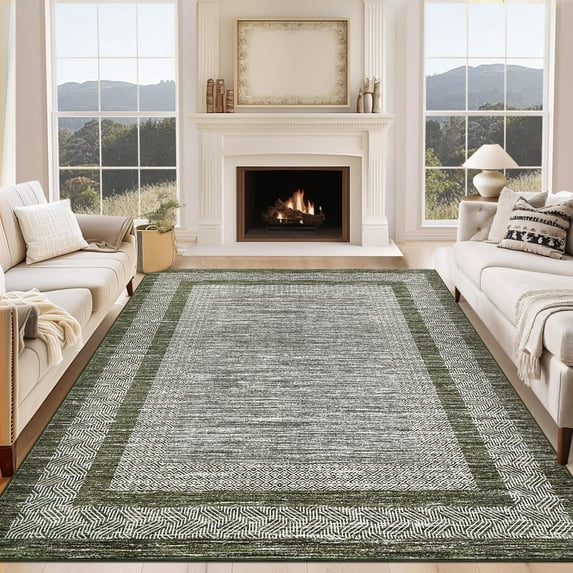 Garvee 9' x 12' Bordered Area Rug Washable Rugs Modern Geometric Rug Indoor Soft Foldable Accent Carpet for Living Room Bedroom, Green