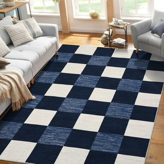 Garvee 9' x 12' Checkered Area Rug Washable Rugs Modern Geometric Rug Indoor Soft Foldable Accent Carpet for Living Room Bedroom, Navy Blue