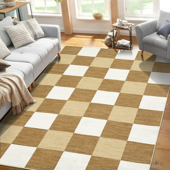 Garvee 9' x 12' Checkered Area Rug Washable Rugs Modern Geometric Rug Indoor Soft Foldable Accent Carpet for Living Room Bedroom, Tan