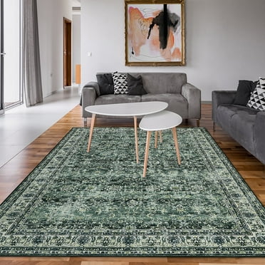 Garvee 9'x12' Area Rug Vintage Floral Washable Rugs Soft Faux Wool Foldable Rug Non-Shedding Stain-Resistant Rug, Green