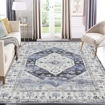Garvee 9'x12' Area Rug Vintage Washable Rug Boho Distressed Rug Low Pile Non-Shedding Foldable Accent Rugs for Living Room Bedroom, Gray Blue