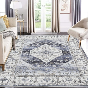 Garvee 9'x12' Area Rug Vintage Washable Rug Boho Distressed Rug Low Pile Non-Shedding Foldable Accent Rugs for Living Room Bedroom, Gray Blue
