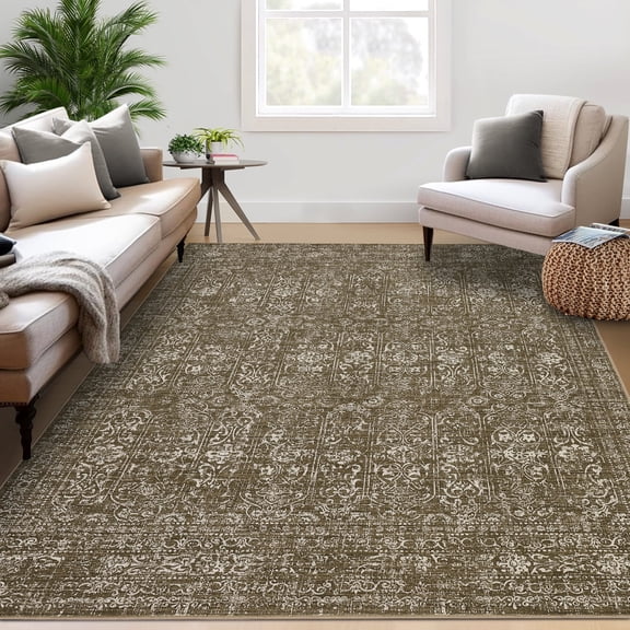 Garvee 9'x12' Area Rug Vintage Washable Rug Floral Distressed Print Rug Stain-Resistant Non-Shedding Carpet for Dining Room Home Office, Brown