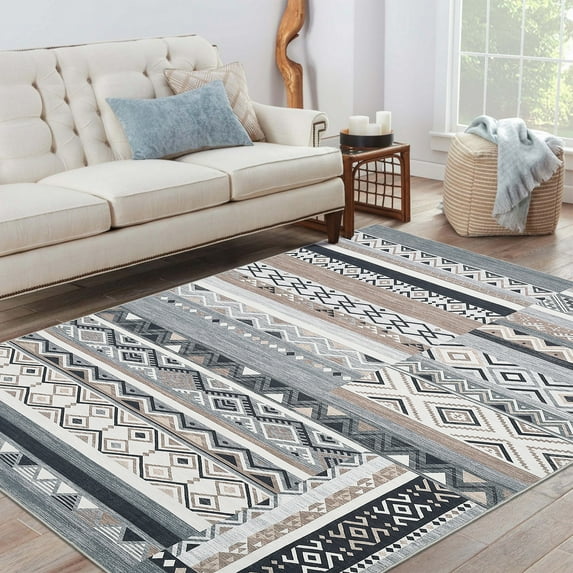 Garvee 9'x12' Area Rugs Geometric Rug Vintage Farmhouse Patchwork Rug Soft Indoor Low Pile Non-Slip Accent Rug, Gray