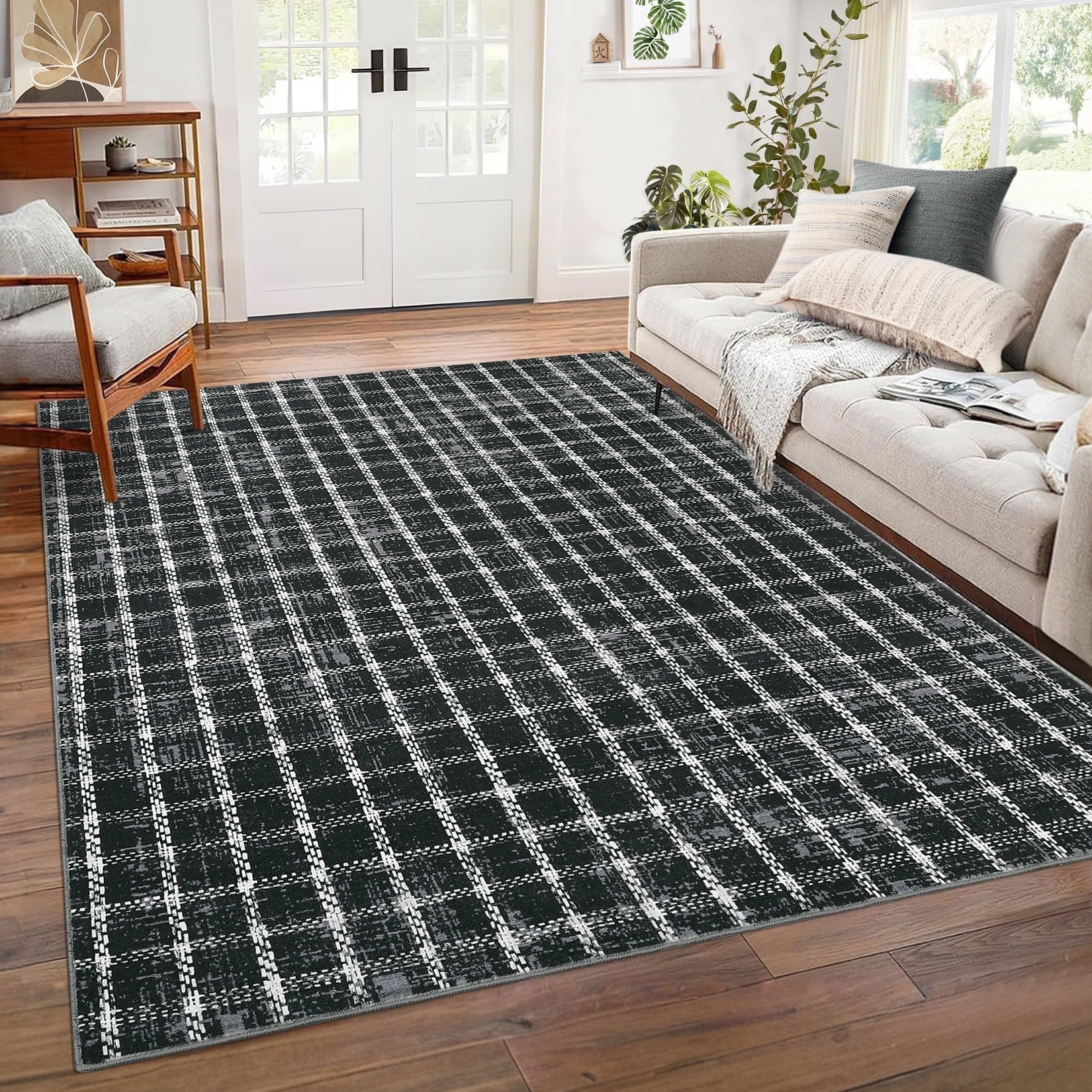 Garvee 9'x12' Area Rugs Modern Plaid Rug, Washable Geometric Rug Stain-Resistant Non Slip Indoor Rug for Living Room Dining Room Office, Black