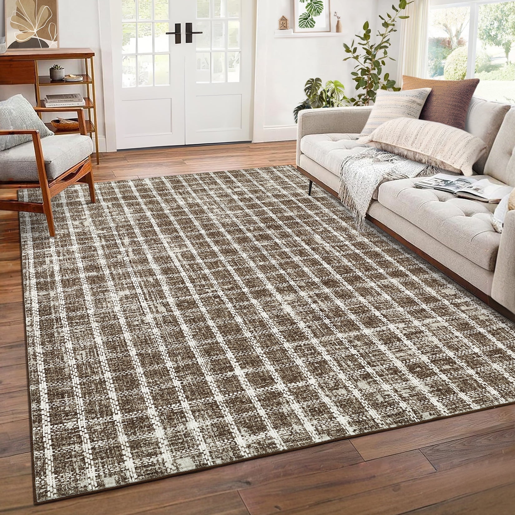 Garvee 9'x12' Area Rugs Modern Plaid Rug, Washable Geometric Rug Stain-Resistant Non Slip Indoor Rug for Living Room Dining Room Office, Coffee