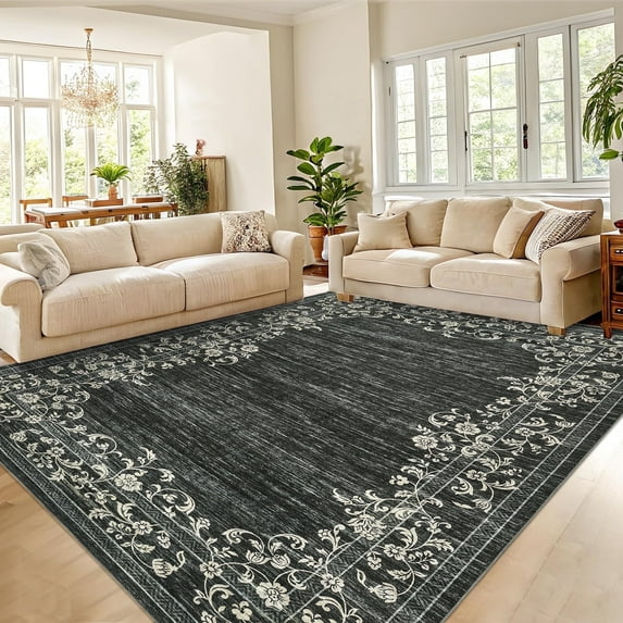 Garvee 9'x12' Area Rugs, Oriental Rug Floral Print Rugs Soft Washable Rugs for Living Room Bedroom Home Decor, Non-Slip Durable Carpet, Black